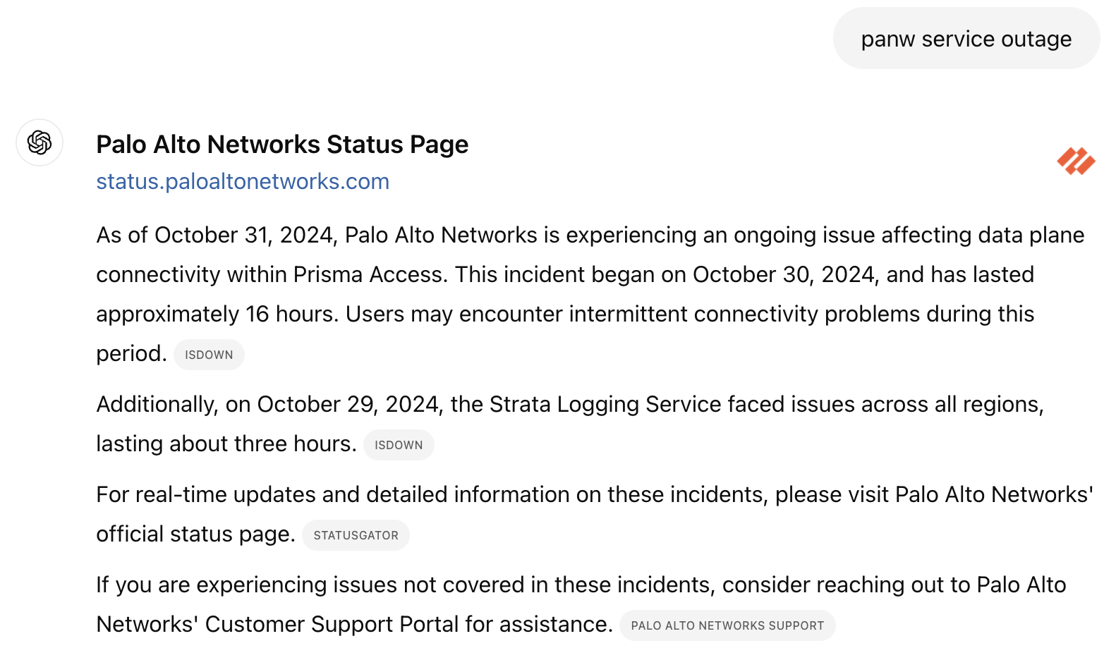 PANW Service Outage